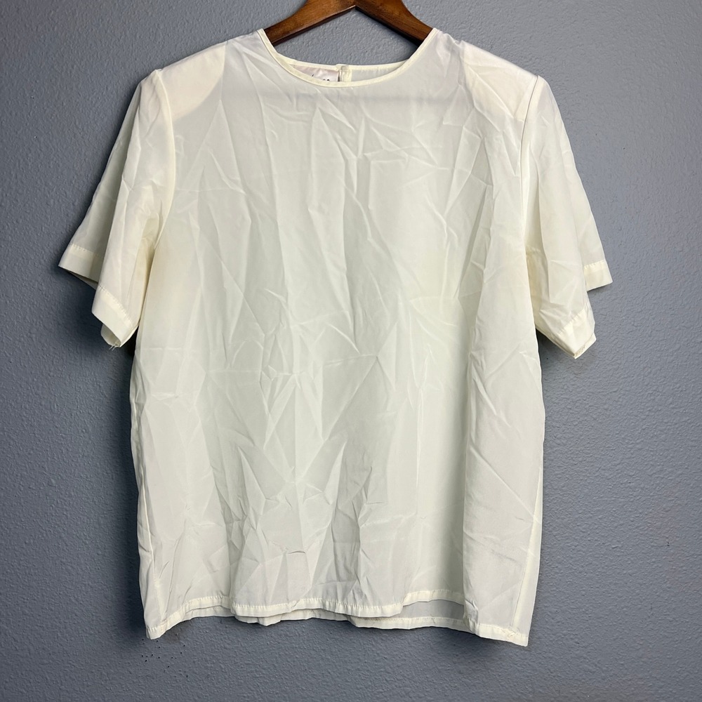 Kathie Lee Vintage 80s Beige Secretary Blouse Top Size 12‎ Short Sleeve USA Made